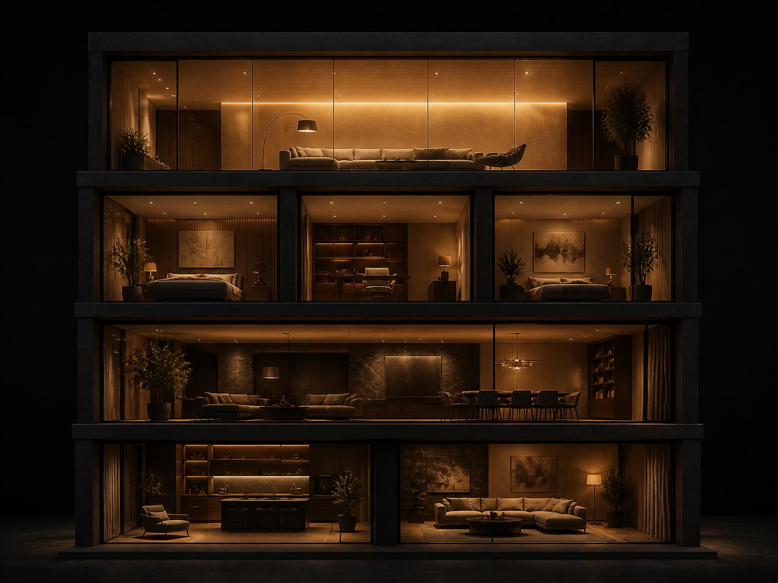 House Vanterpool headquarters at night — stacked glass rooms lit from within
